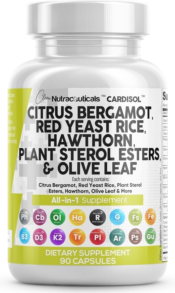 Nettoyer les nutraceutiques Citrus Bergamot Capsules de riz rouge de levure avec stérols végétaux - avec extrait d'épine d'olive Niacine Feuille Vitamine K3 D3 COQ10 Guggul et plus