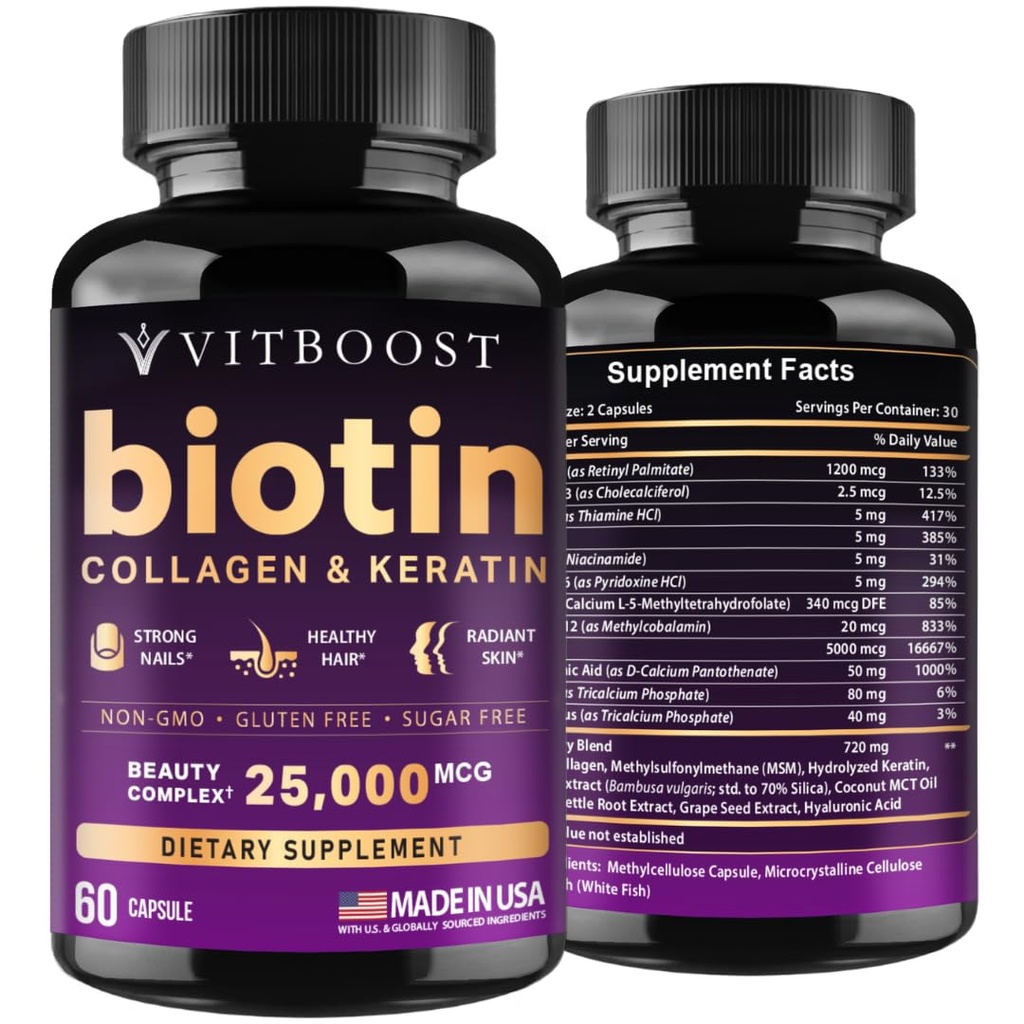 VITBOOST Biotine à l'acide hyaluronique, au collagène et à la kératine – 25000 mcg Vitamines de croissance des cheveux pour les hommes et les femmes – Nails et peau, États-Unis Fabriqués - Tiers Testés, B1, B2, B3, B6, B7 Complexe - 60 Capsules