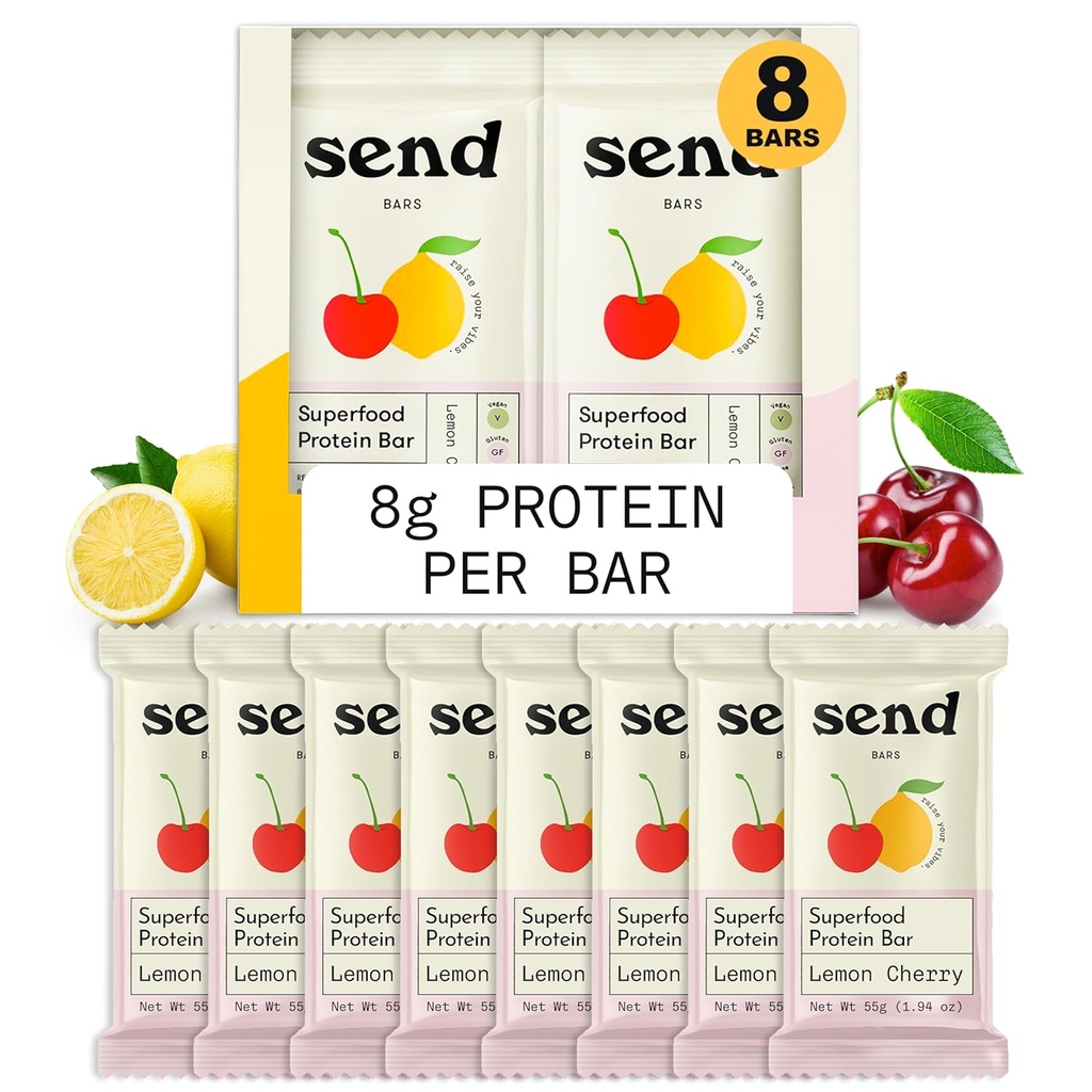 Envoyer Bars végétaliens à base de plantes barres de protéines saines, avec des verts (Lemon Cherry, 8 barres) – seulement des ingrédients réels, Zéro sucre ajouté, sans gluten, sans lait