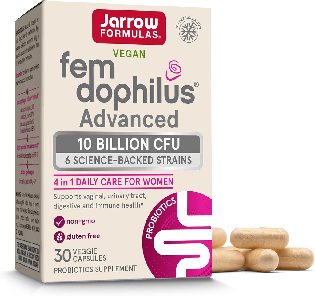 Formules de Jarrow Fem-Dophilus Probiotiques vaginaux et digestifs avancés 10 milliards CFU Avec 6 souches étudiées cliniquement, Pour Vaginal, Urinaire Tract, Digestive & Immune Support, 30 Capsules, Étagère