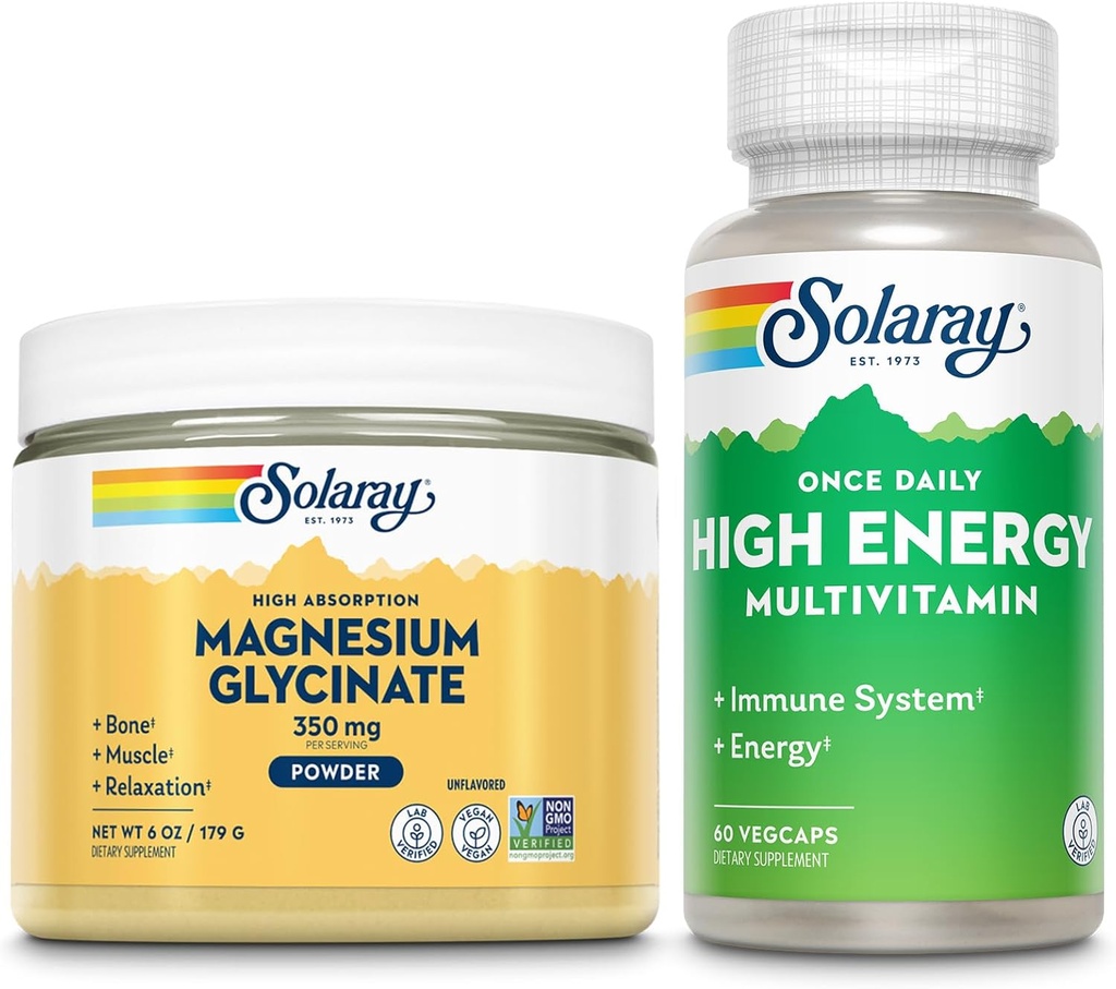 SOLARAY Magnésium Glycinate poudre 350mg et multivitamine haute énergie - Chélaté Magnésium et une fois par jour multi - os santé, muscles, coeur et immunitaire, garantie de 60 jours, 6oz/60ct