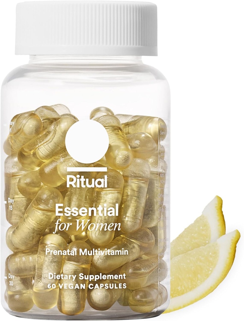 Rituel essentiel pour les femmes Multivitamine prénatale: Folate et Choline pour le soutien des tubes neuraux, Omega-3 DHA pour le développement du cerveau foetal, Fer, Calcium-Helper D3 & K2, Non-OGM, Vegan, Citrus, 30 jours