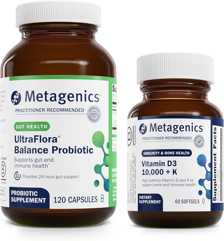 Métagénique - UltraFlora Balance & D3 10 000 + K - 120 Capsules d'UltraFlora Balance pour la santé digestive - 60 Softgels de D3 10 000 + K pour le soutien immunitaire, la santé osseuse et la santé cardiaque