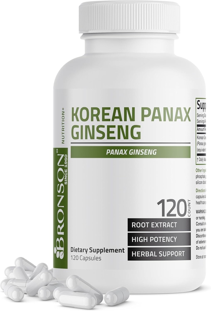 Bronson Coréen Panax Ginseng soutient l'énergie, l'endurance et la vitalité + la mémoire et la performance mentale, 120 capsules