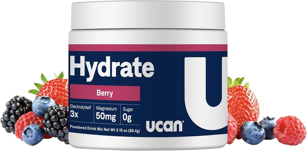 Mélange de boissons électrolytiques hydratantes UCAN (Berry, 30 portions) sans sucre, kéto-friendly, végétalien, non OGM, poudre d'électrolyte sans gluten avec potassium et magnésium pour les coureurs et les athlètes