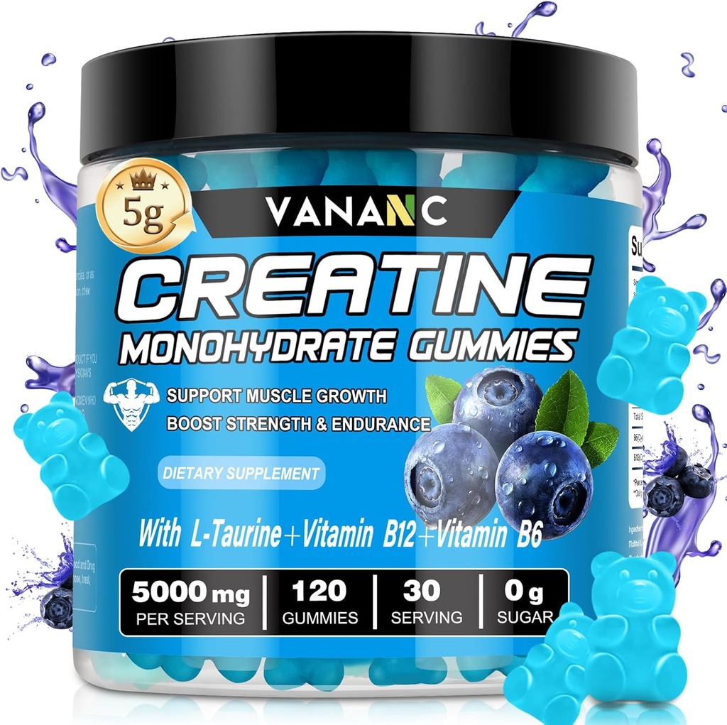 Créatine monohydraté Gommies 5000 mg pour les hommes et les femmes, sans sucre, faible en calories, avec L-Taurine + vitamines pour augmenter la force musculaire