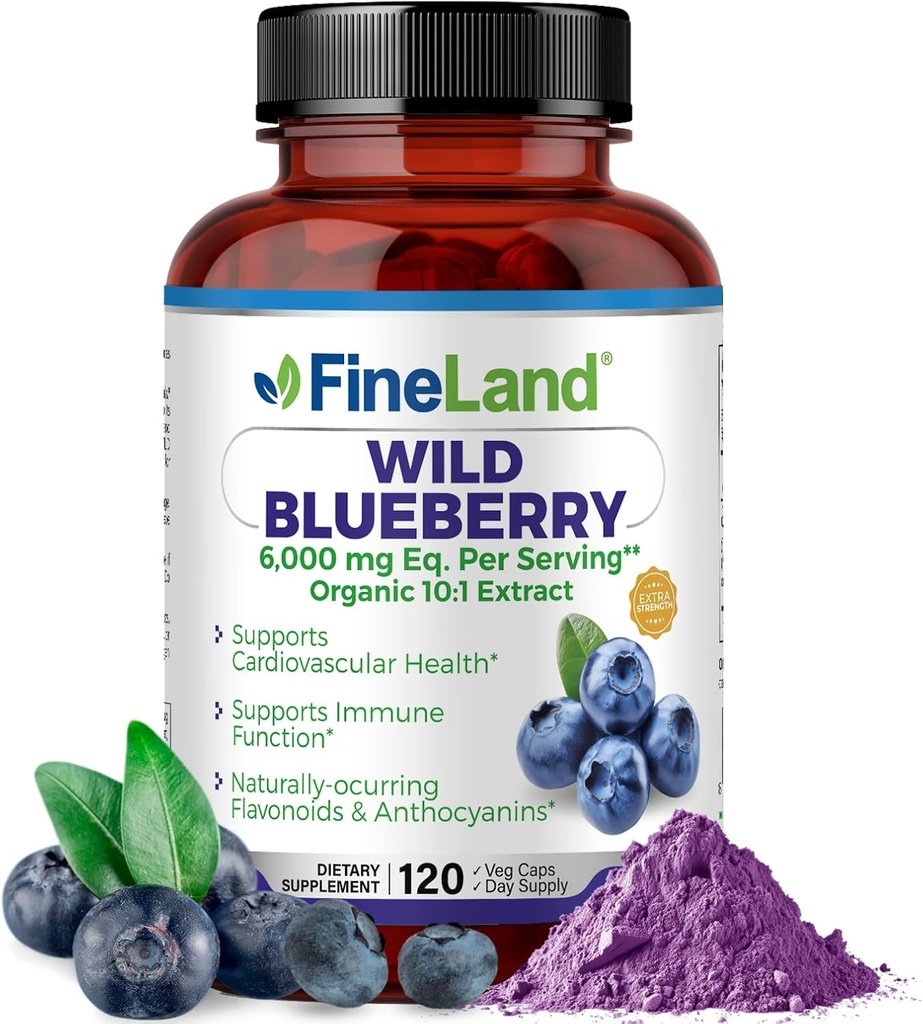 FineLand Wild Blueberry 10:1 Extrait, 6 000 mg de force, 120 capsules végétales, riches en flavonoïdes et anthocyanes, antioxydants pour la santé du cerveau et du coeur, 4 mois d'approvisionnement, non-OGM fabriqués aux États-Unis