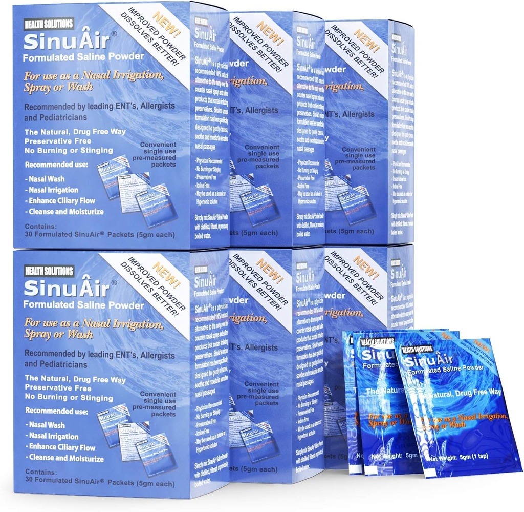 Solution de sel de rinçage SinuAir Sinus - Poudre saline pour système SinuPulse, Neti Pot Flush, Nasal Wash Squeeze Bouteille, & Irrigation Nez, Formulation améliorée et nettoyage pour les sinus, 180 paquets