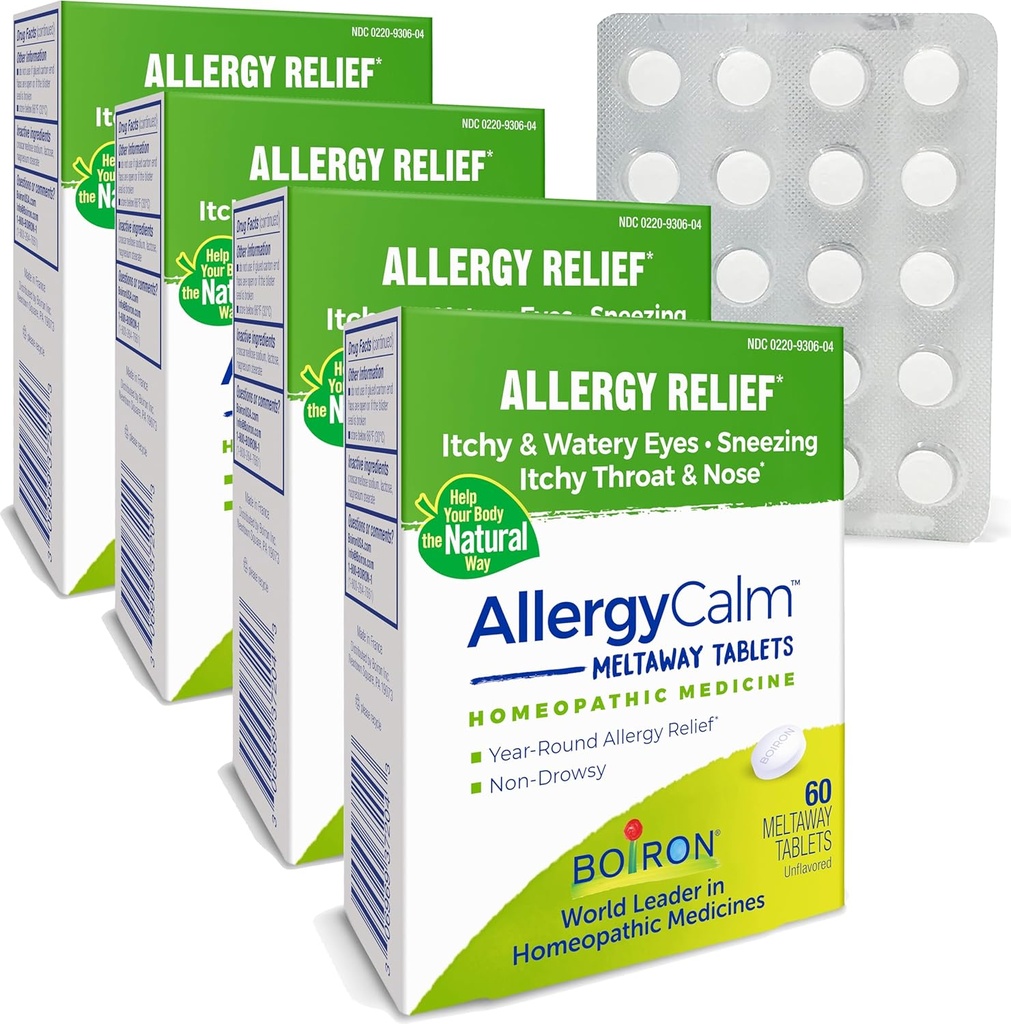 Boiron AllergyCalm Comprimés 240 Compte, soulagement des allergies et de la fièvre du foin Symptômes de l'éternuement, du nez de runny, des yeux démangeaisons, de la gorge, des onglets calmants d'allergie (anciennement RhinAllergy) (Pack de 4 boîtes 60ct)