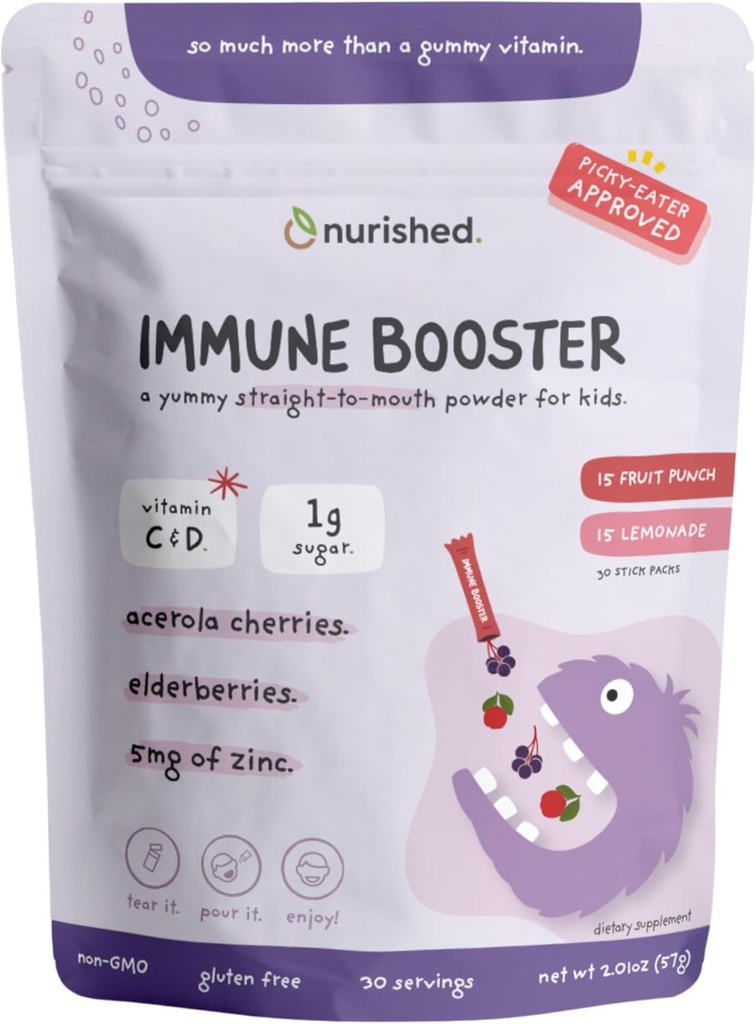 Kids Immune Booster with Elderberry, Acerola Cherry, Zinc, Vitamins C & D - Straight-to-Mouth Powder - 30 Servings - 2 Flavors