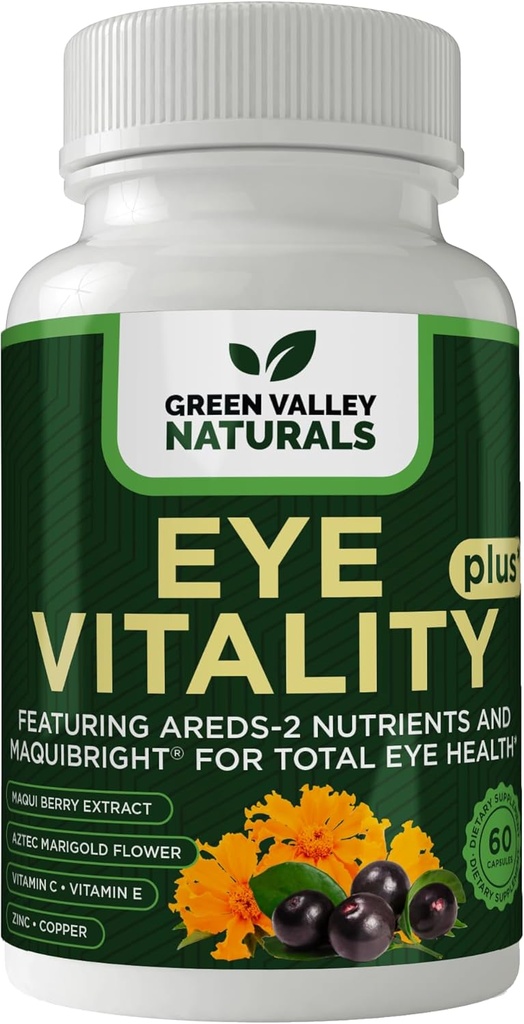 NATURAUX VALLÉS VÉGÉTAUX Vitalité des yeux Plus Supplément, avec les nutriments Areds-2, Maquibright, Fleur de Marigold, Vitamines C & E, Zinc, Cuivre, 60 Capsules (1)
