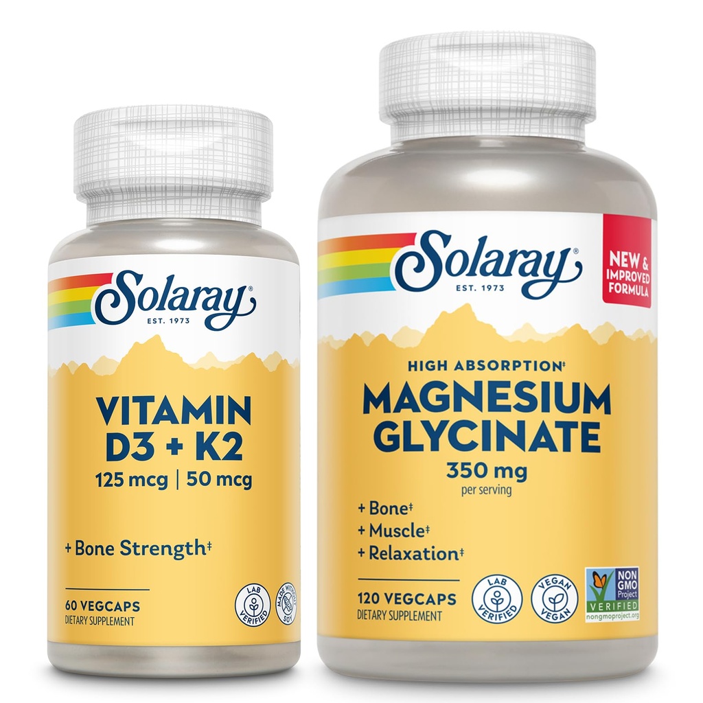 SOLARAY Vitamine D3 K2 et Glycinate de magnésium - Trousse de santé des os - Absorption de calcium, Nerve, Heart and Immune Support w/ 5000 UI Vitamine D, 350mg Magnésium chélaté, garantie de 60 jours, 60ct/120ct