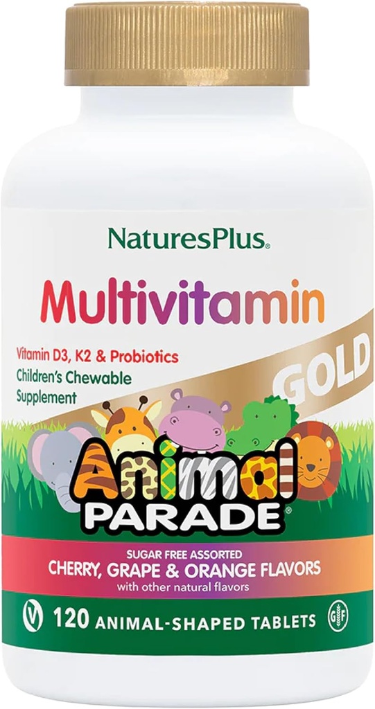 NaturesPlus Parade animale Or Multivitamine pour enfants - Cerise, orange et arômes de raisin assortis - 120 comprimés à croquer en forme d'animal, boîte de 3 - Vegan, sans gluten - 180 portions totales