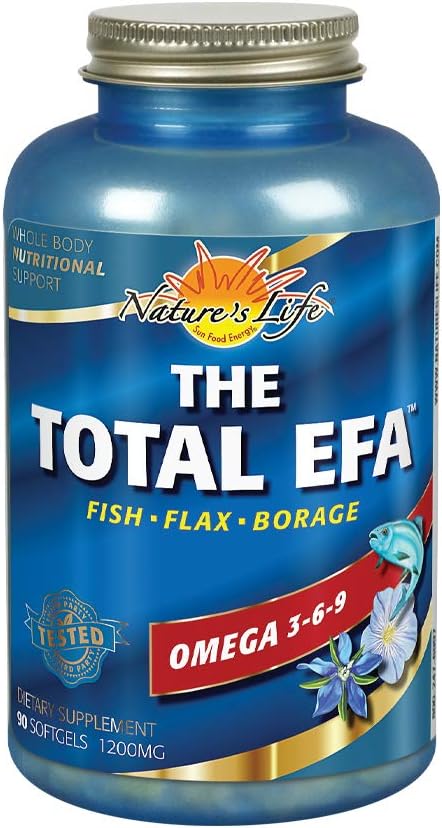 Nature's Life The Total EFA Fish Oil w/Organic Flaxseed & Borage Oils | 1200 mg | Skin, Heart & Memory | 90 Softgel