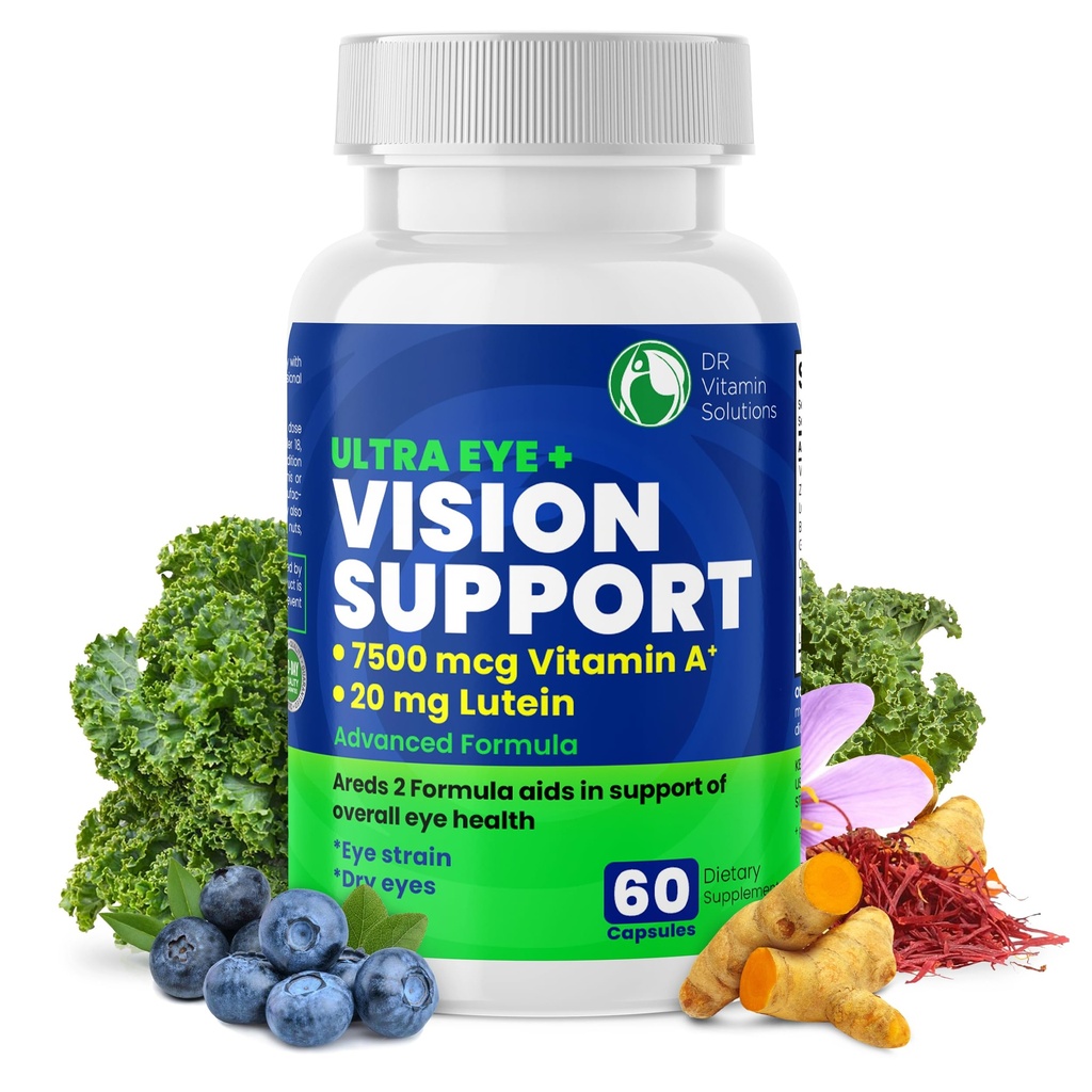 DR VITAMIN SOLUTIONS Vision Support Vitamines oculaires pour la santé maculaire.com Suppléments avec Lutéine, Zinc, Vitamine A & Bilberry.com Arides 2 Formule pour les yeux rouges et secs, soins de vue (1 bouteille, 60 capsules)