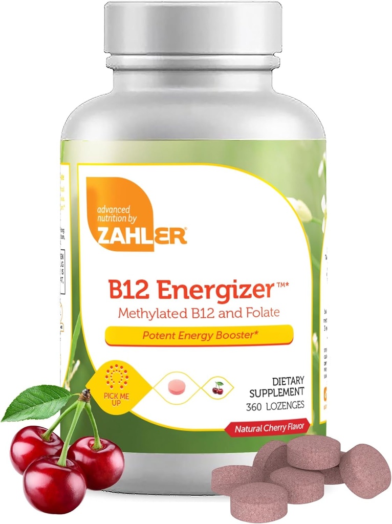 Zahler Energizer - Supplément Folate et B12 - Dissoudre rapidement Saveur de Cherry Lozenges Double vitamine Méthylé B12 & Supplément Folate avec 1360 mcg d'acide folique (360 Nombre)