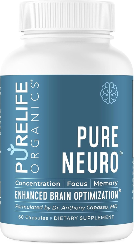 PureLife Organics Pure Neuro - Supplement for Eliminating Brain Fog, Memory Support & Focus Enhancement - 30 Day Supply - 60 Vegan & Gluten-Free Capsules - Doctor Formulated for Brain Health Support