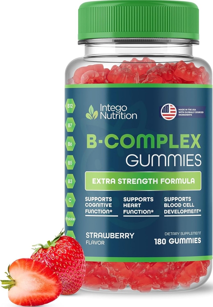 Gommies complexes de vitamine B pour les adultes, Supplément complexe de vitamine B pour les femmes et les hommes, Gommies complexes de vitamine B pour l'énergie et la santé du cerveau, arômes naturels de fraises, 180 Comte