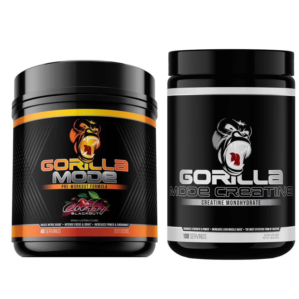 Gorilla Mind Pre Workout (Cherry) + Créatine (100 Serv.) - Stack complet pour une meilleure résistance, puissance de sortie et taille musculaire