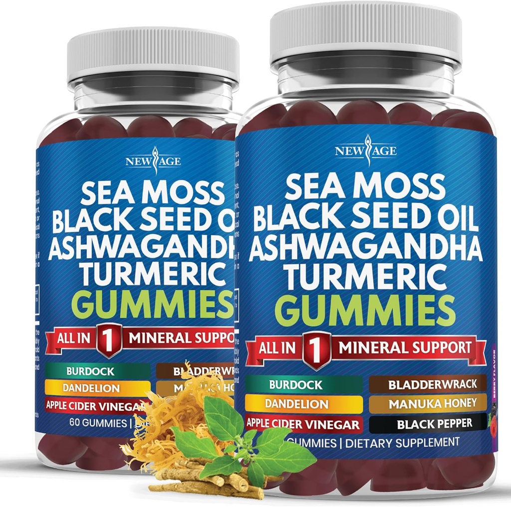 Sea Moss Gummies, Sea Moss, Black Seed, Ashwagandha, Turmeric, Manuka Honey, ACV, Dandelion, Black Pepper, Burdock, Bladderwrack, Vegan - 120 Count