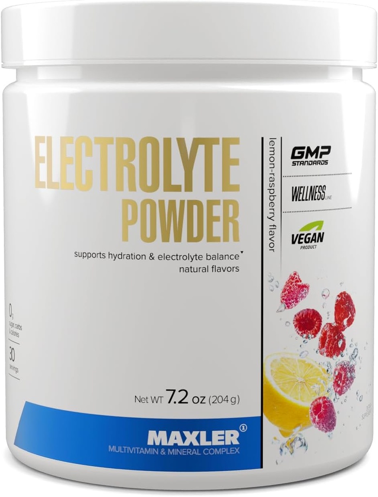 Poudre d'électrolyte Maxler - Poudre d'hydratation Mélange de boisson d'électrolyte avec complexe minéral tracé - Poudre d'électrolyte Keto avec arômes naturels et édulcorants - 30 portions - Lemon-Raspberry