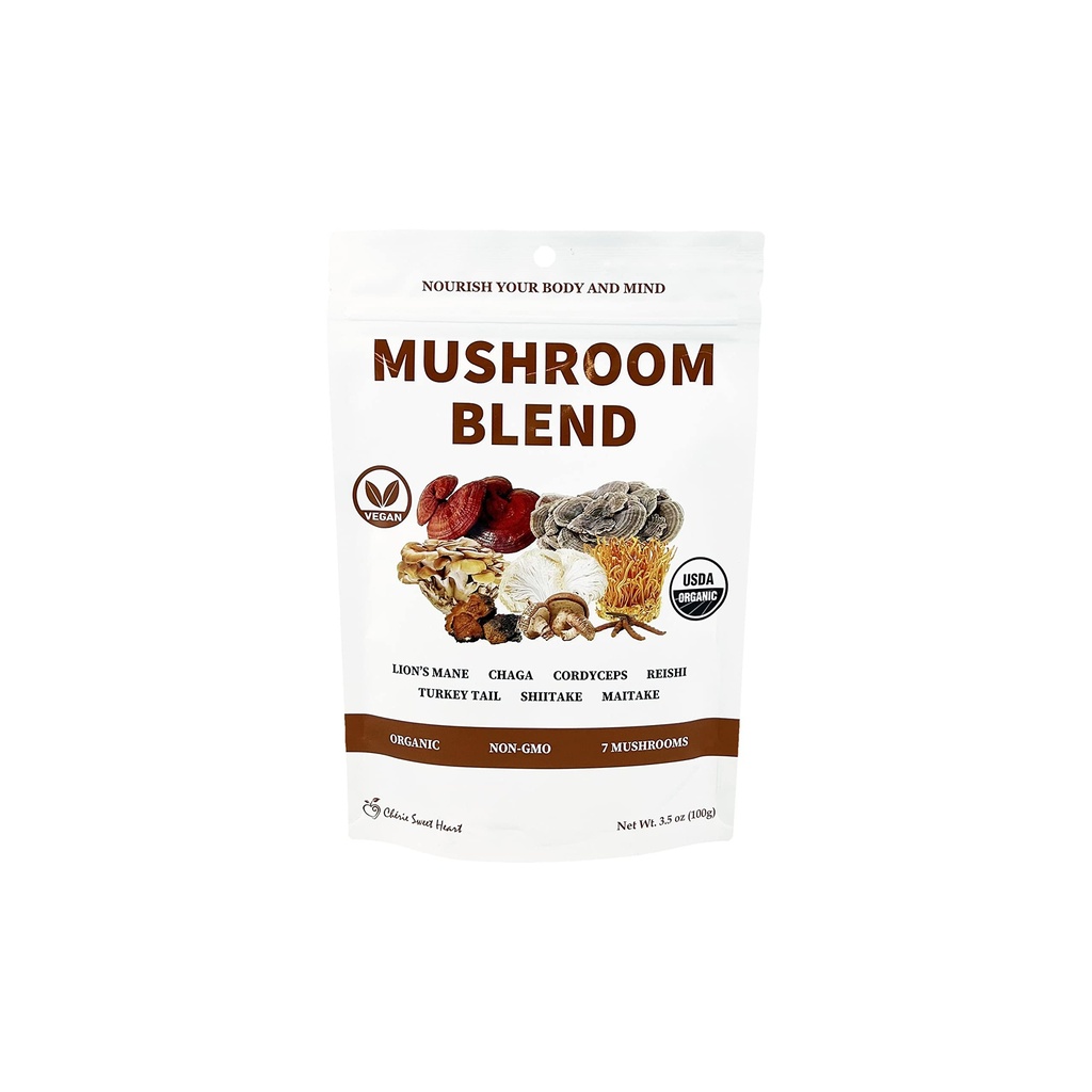 Cherie Sweet Heart 7 Poudre d'extrait de champignons – USDA Bio Superfood Blend avec Lion's Mane, Reishi, Cordyceps, Maitake, Shiitake, Turkey Tail & Chaga – végétalien, non-OGM, sans gluten – 3,5 oz