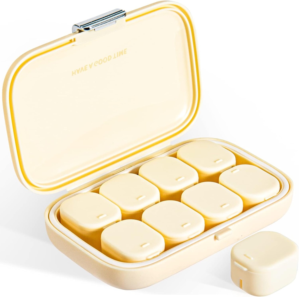 Organisateur quotidien de pilules, 8 compartiments Portable Pill Case, Humidité-Proof Pill Case, Distributeurs de pilules, Conteneur de pilules de voyage, pour tenir les pilules de vitamines Cod huile de foie comprimés réguliers (blanc crème)