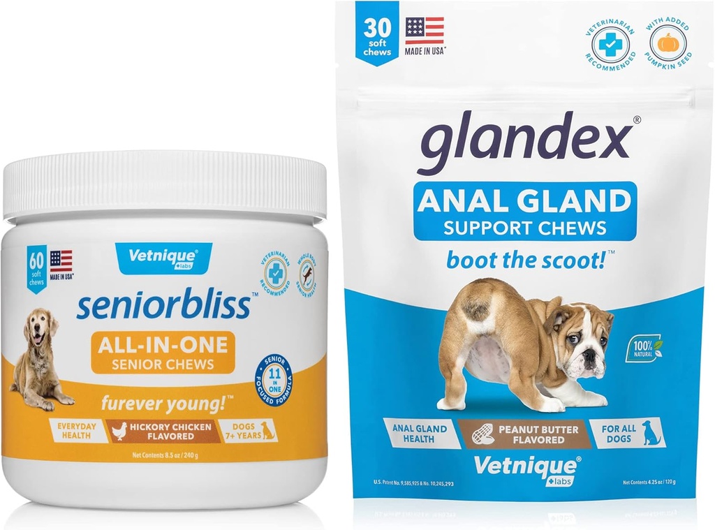 Beurre multivitamine tout-en-un pour chiens seniors (60ct) et Glandex Anal Gland Soutien Beurre d'arachides doux pour chiens (30ct)