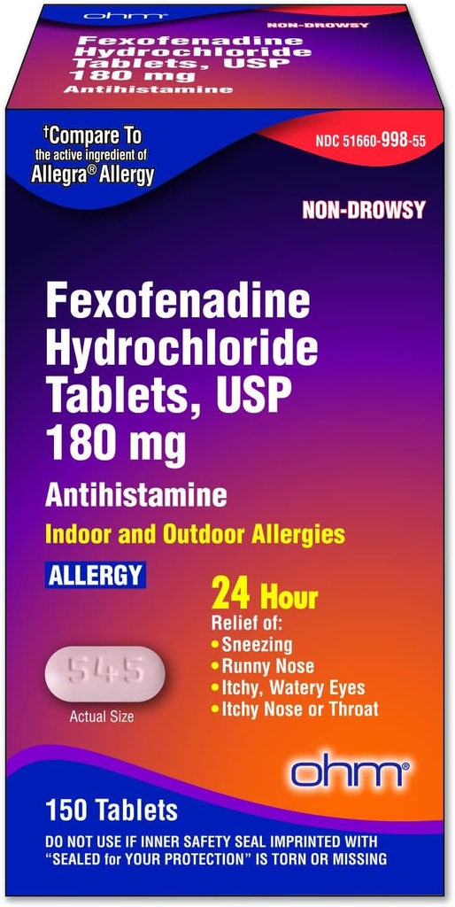 Ohm Allergie Médicament Fexofenadine 180mg - 24 heures de soulagement pour les symptômes d'éternuement et d'allergie, non somnolence - 24 heures de comprimés antihistaminiques pour un soulagement efficace - 150 Compte (paquet unique)