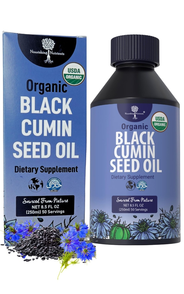 Huile de graines de cumin noir biologique-USDA-Cold pressée – jusqu'à 6X Thymoquinone- Pure Nigella Sativa Graines de cumin - Supplément Premium pour le soutien immunitaire, antioxydant, calmant, peau et cheveux (8.5 oz)