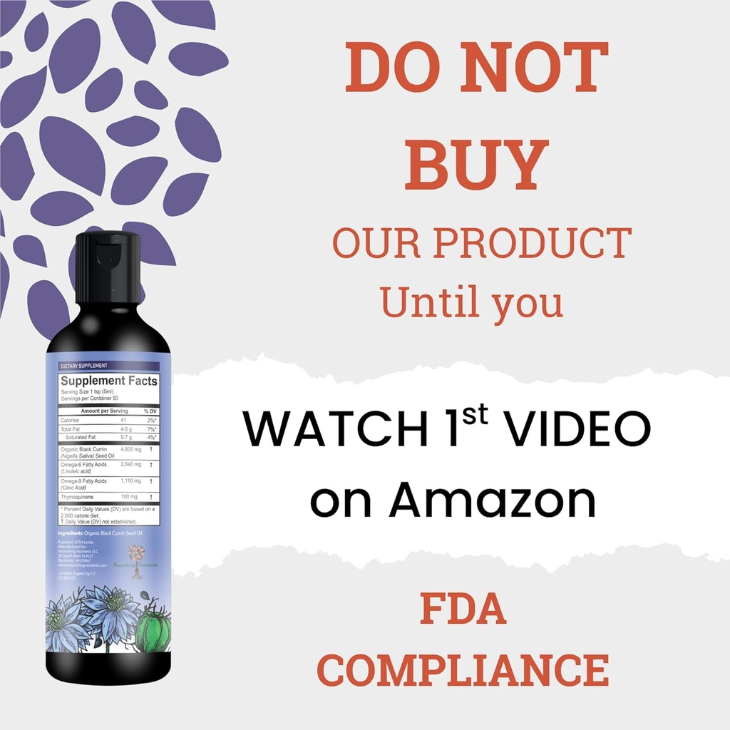 Huile de graines de cumin noir biologique-USDA-Cold pressée – jusqu'à 6X Thymoquinone- Pure Nigella Sativa Graines de cumin - Supplément Premium pour le soutien immunitaire, antioxydant, calmant, peau et cheveux (8.5 oz)