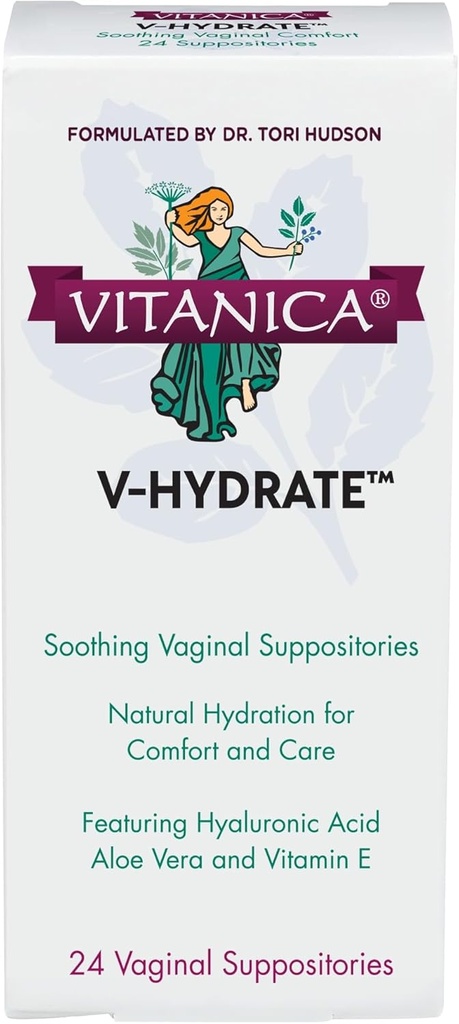 Vitanica V-Hydrate, Hypothèses vaginales d'acide hyaluronique pour le confort et l'hydratation vaginale avec Aloe Vera et vitamine E, sans hormones et sans médicaments, végétalien, 2 mois d'approvisionnement, 24 comtes