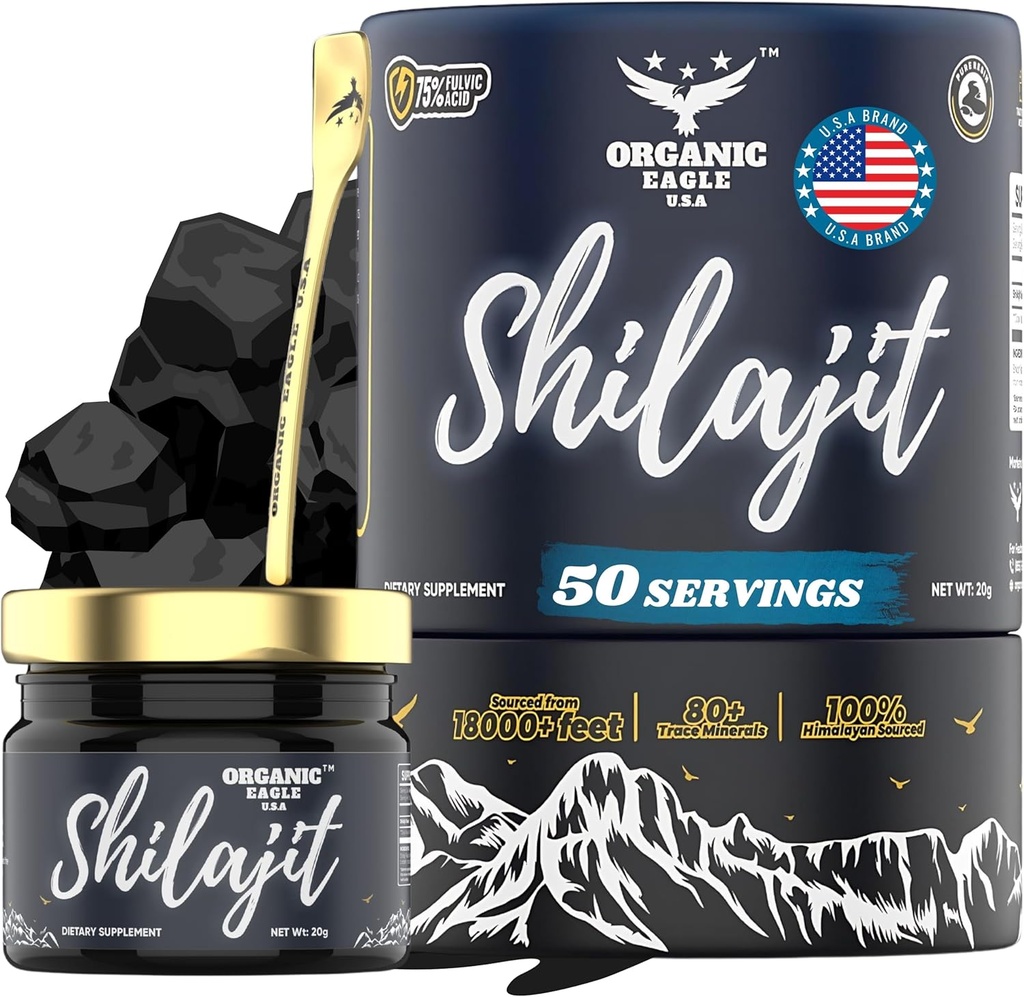 Himalayan Organic Shilajit (50 portions) Booster d'énergie naturelle et d'immunité pour les hommes et les femmes avec 80+ Trace Minerals essentiels et 75%+ Acid Fulvic (100% Pure) avec rapport de test de laboratoire