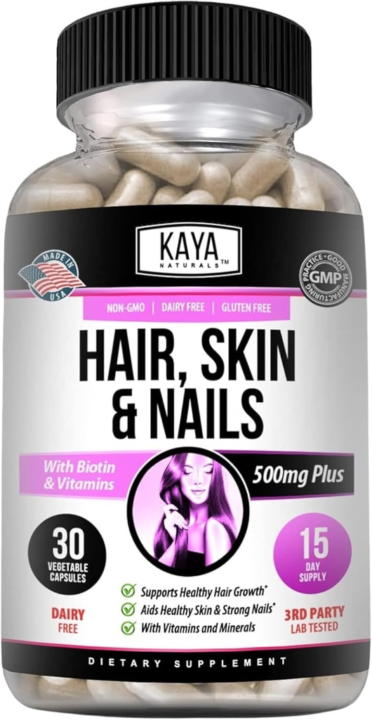 Kaya Naturals Skin Nail Capsules avec Biotin - Vitamines des cheveux et de la peau, Vitamine D Vitamine B-12 A Folic Acid Support, Supplément Vitamine de soutien des cheveux pour les ongles de la peau- 30 capsules de comptage