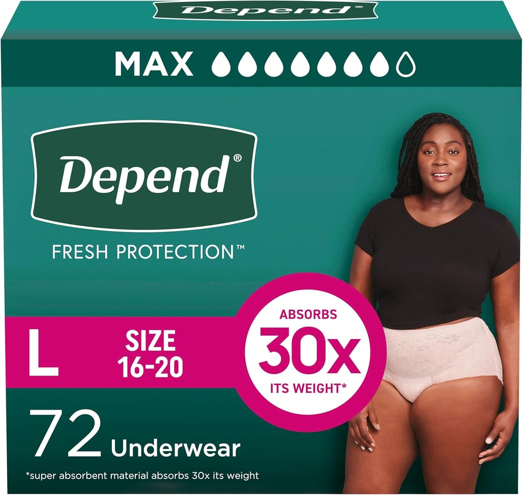 Depend Fresh Protection Couches pour adultes, Incontinence & Postpartum Bladder Sous-vêtements pour femmes, jetable, maximum, grand, Blush, 72 Compte (2 Packs de 36), Emballage Mai Varier