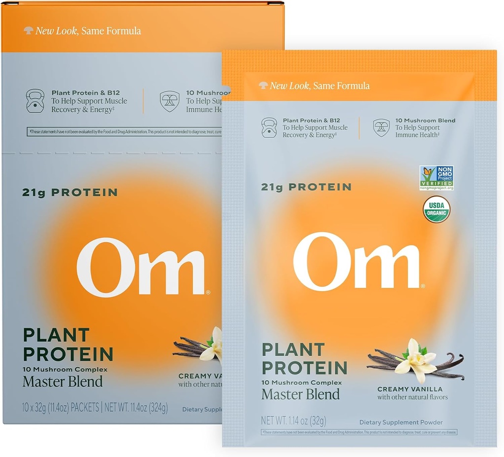 Om Master Blend Poudre de protéines végétaliennes, Vanille, 21g de protéines végétales - Supplément de champignons organiques avec 10 Complexe de champignons, Ashwagandha, BCAAs et vitamine B12 - Servir seul (10 comte)