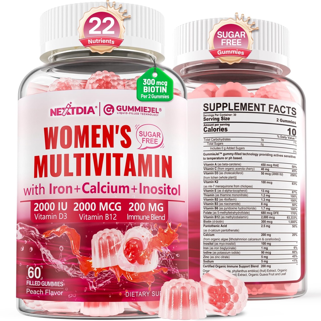 Multivitamine méthylée pour les femmes Gummées, Calcium, D3 K2, Méthylfolate et B12, Inositol, Vitamine quotidienne A, C, E, B Complexe, Biotine, Fer - Énergie, Immune, Os, Peau, Cheveux - Vegan, Sans sucre, 60 Compte