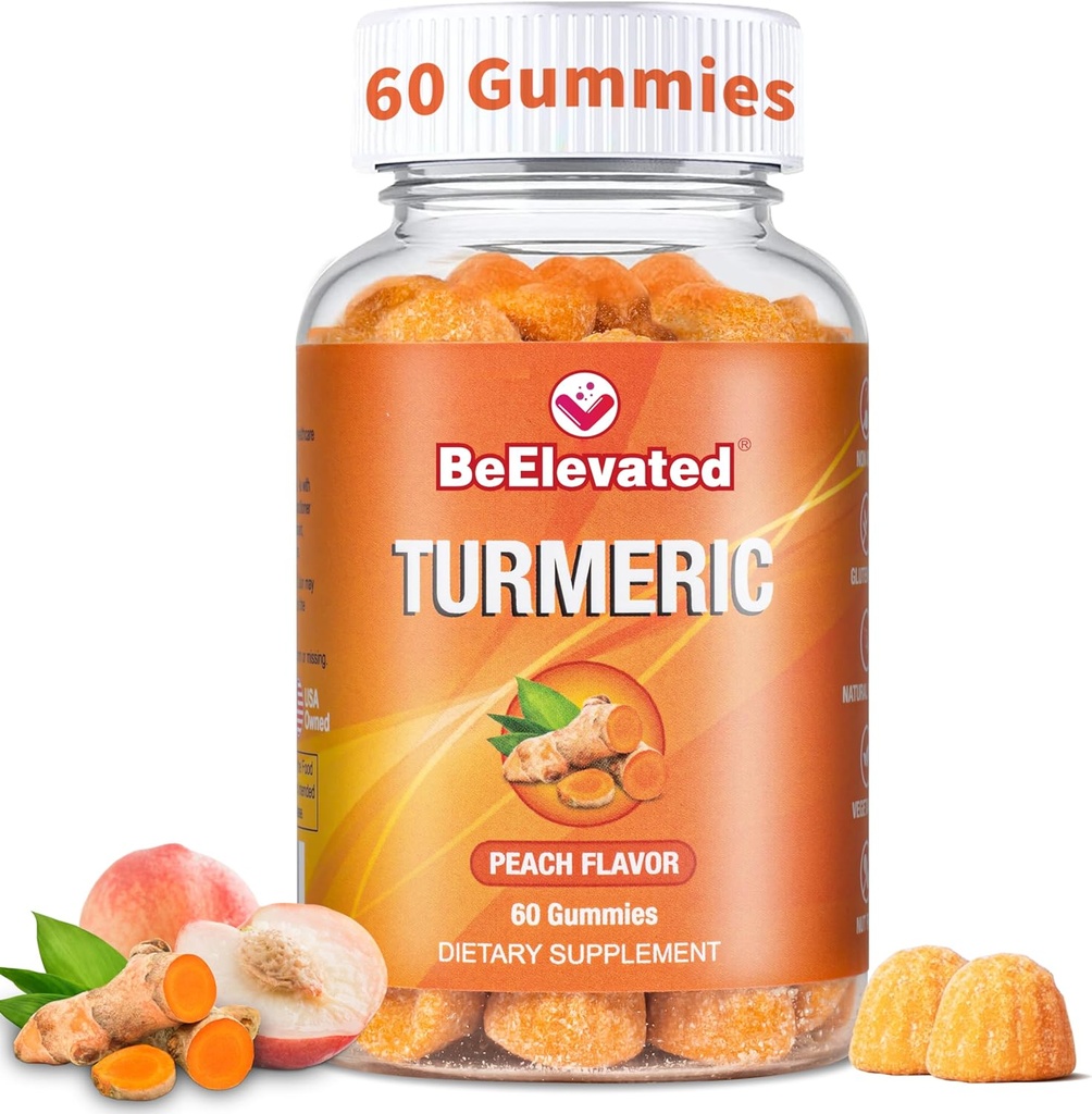 Gummies curcumines turcumées – extra force 2000mg 8:1 Extraits turcumiques supplémentaires Gummies avec poivre noir et gingembre – Vegan non-OGM joint support Chewables – Peach Flavor, 60 comte