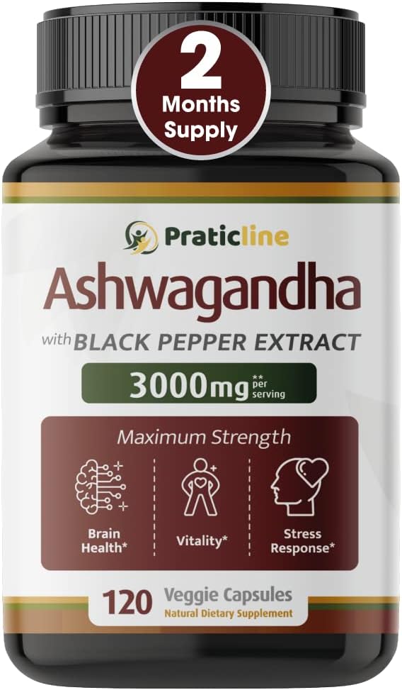 Capsules d'Ashwagandha 3 000 mg - 120 Cap Vegan Fabriqué avec de la poudre d'Ashwagandha biologique et extrait de racine. Sans gluten. Fabriqué aux États-Unis
