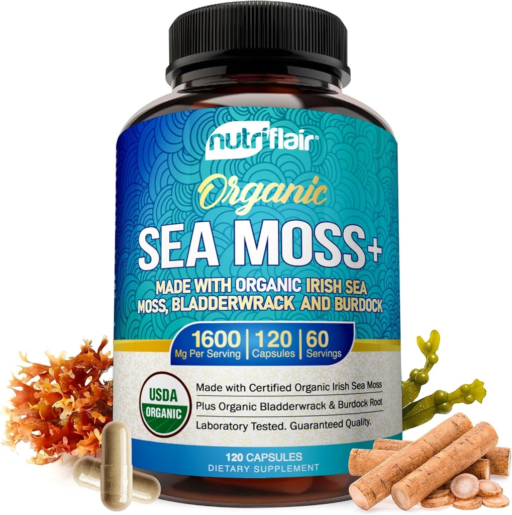 NutriFlair Organic Sea Moss 1600mg, 120 Capsules Plus Bladderwrack & Burdock - Prébiotique Super Food - Système immunitaire et santé digestive - Thyroïde, peau saine, kéto detox, Gut