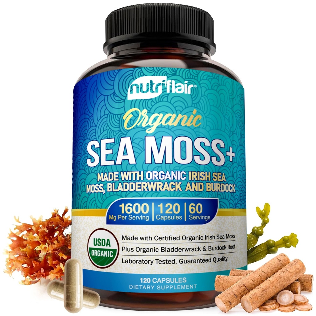 NutriFlair Organic Sea Moss 1600mg, 120 Capsules Plus Bladderwrack & Burdock - Prébiotique Super Food - Système immunitaire et santé digestive - Thyroïde, peau saine, kéto detox, Gut