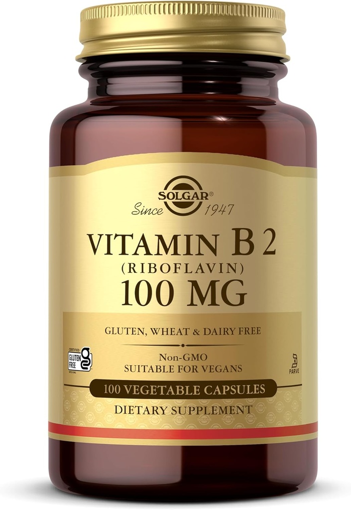 Solgar Vitamine B2 (Riboflavine) 100mg, 100 Capsules végétales - Métabolisme énergétique, système nerveux sain - non-OGM, végétalien, sans gluten, sans laiterie, casher - 100 portions