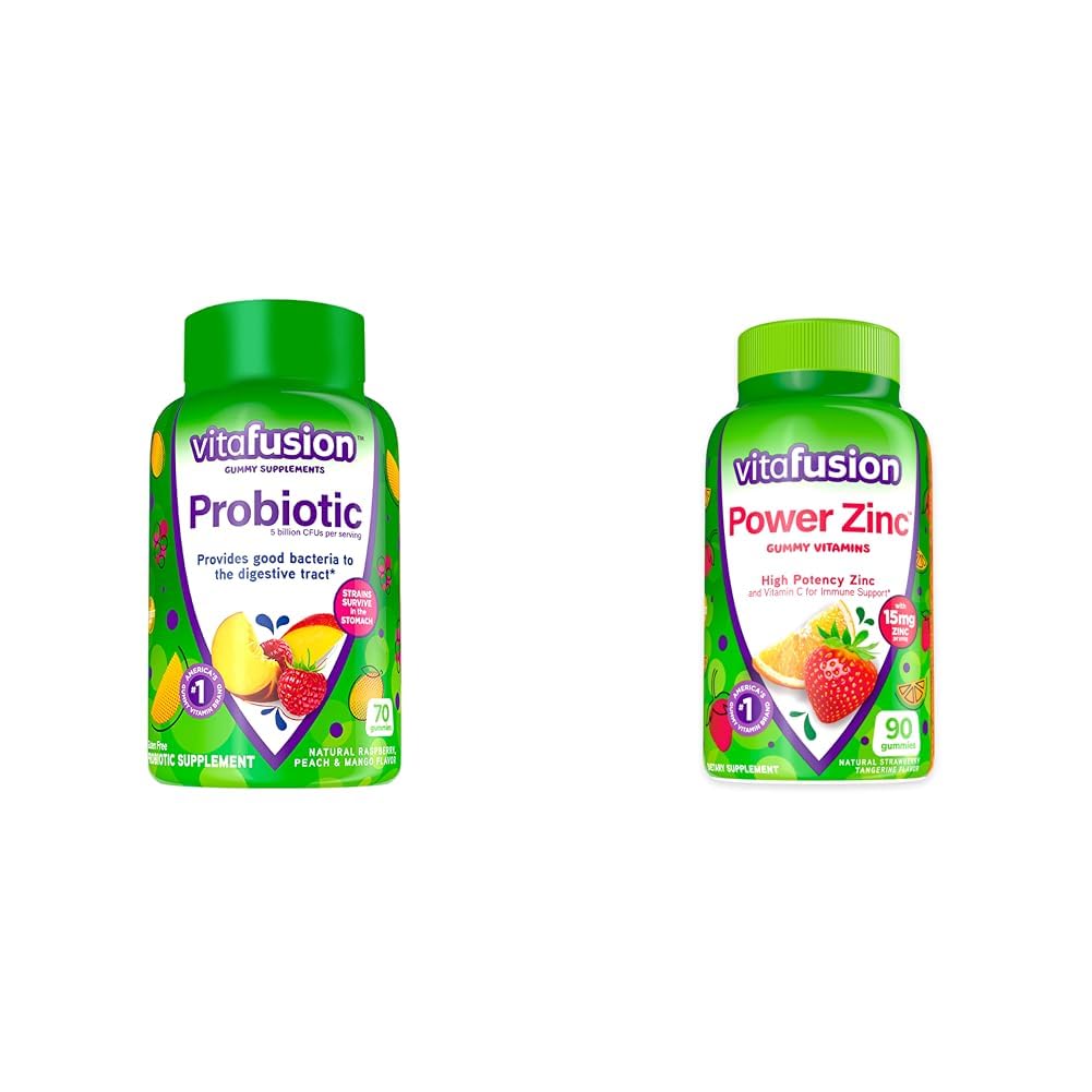 Suppléments gommy probiotiques de Vitafusion, framboise, pèche et aromatisants de mangue, approvisionnement de 35 jours, 70 vitamines Gummy au zinc, aromatisants de fraise de Tangerine, 90 comte