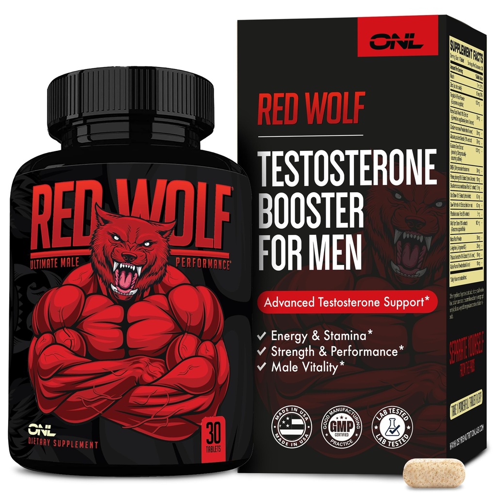 ONL Red Wolf Testostérone Booster for Men - Ultimate Men's Supplément for High Potency Endurance, Energy & Strength - Supplément testostérone pour les hommes - avec/Tongkat Ali Male Enhancement - 30 Ct