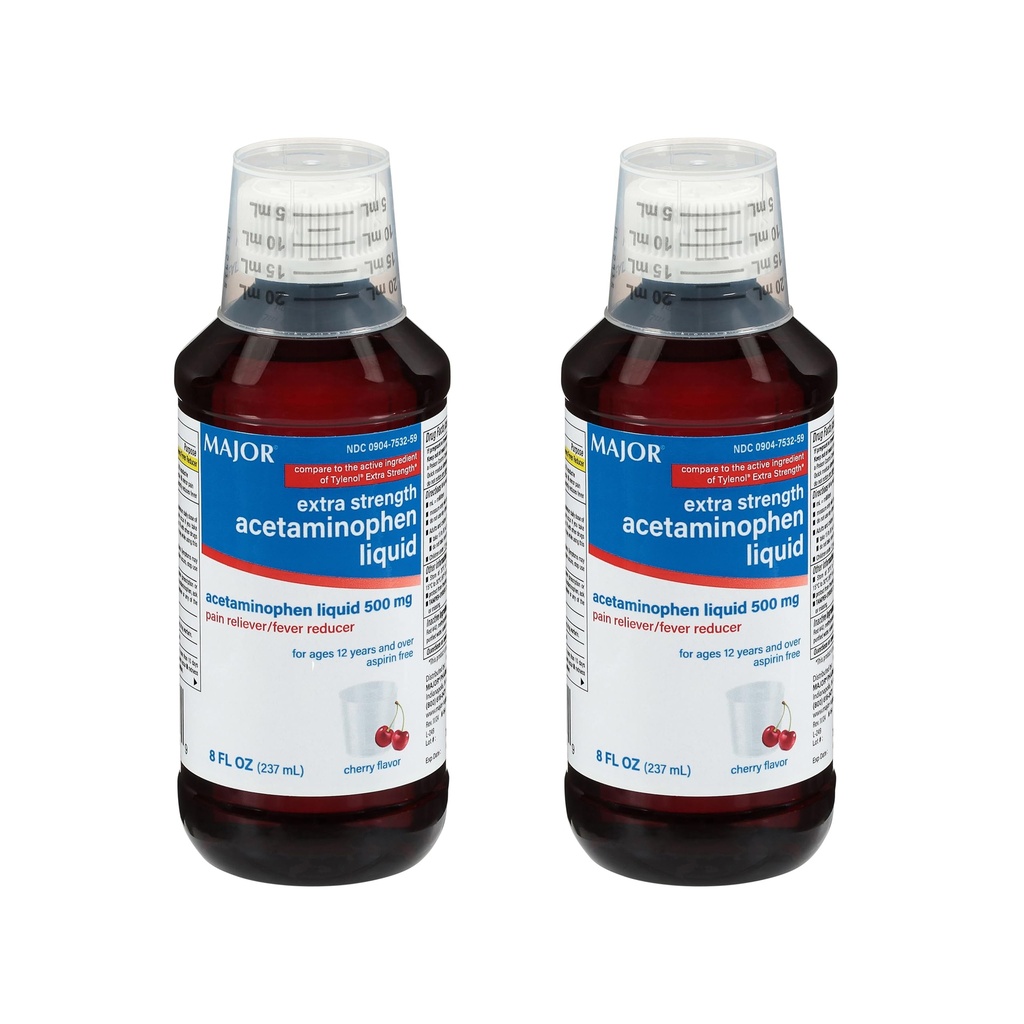 MAJOR Adulte extra-fort Acétaminophène liquide 500mg - aide à soulager la douleur et à réduire les fièvres - sans aspirine - saveur de cerise - 8 Fl Oz (2 pack)