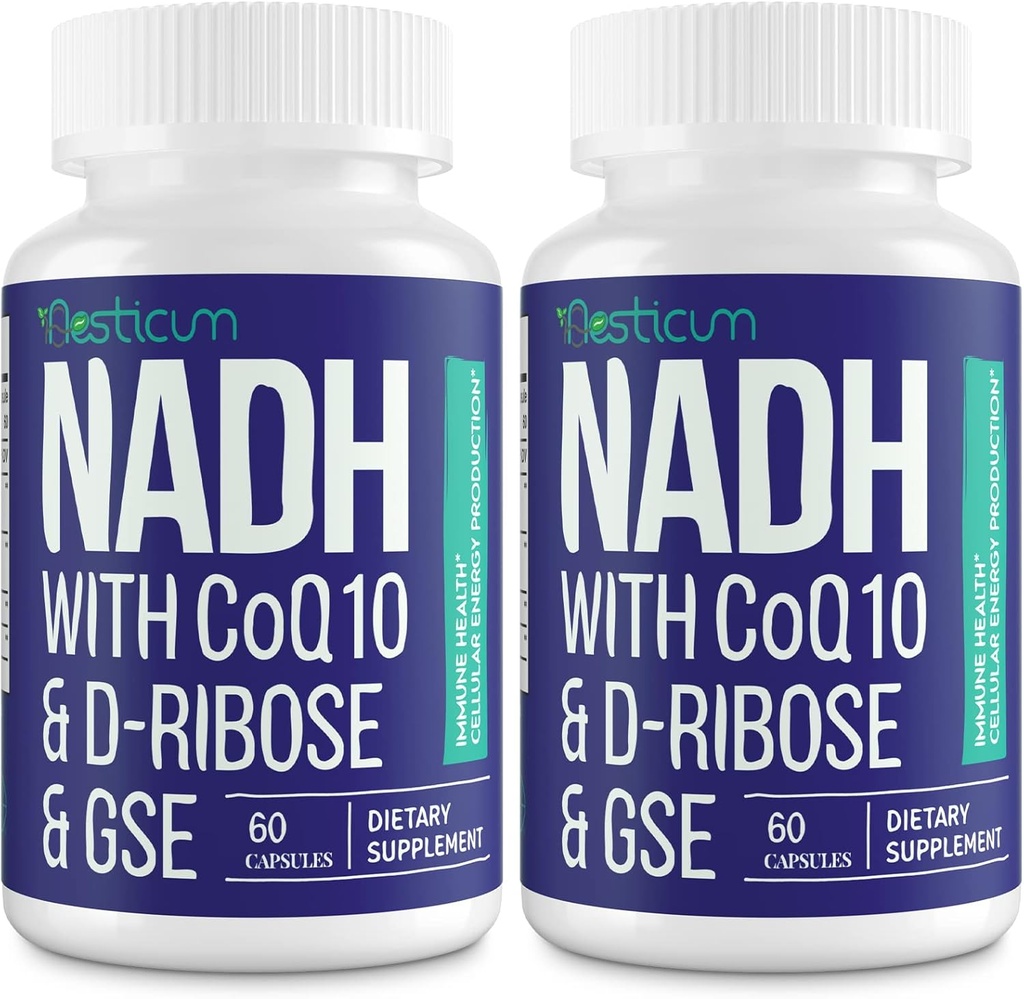 NADH 50mg + CoQ10 200mg + Supplément D-Ribose 150mg, stimuler NAD+ Suppléments pour système immunitaire, énergie cellulaire, focus, dinucléotide d'adénine de Nicotinamide réduit, 120 capsules de Veggie