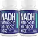 NADH 50mg + CoQ10 200mg + Supplément D-Ribose 150mg, stimuler NAD+ Suppléments pour système immunitaire, énergie cellulaire, focus, dinucléotide d'adénine de Nicotinamide réduit, 120 capsules de Veggie