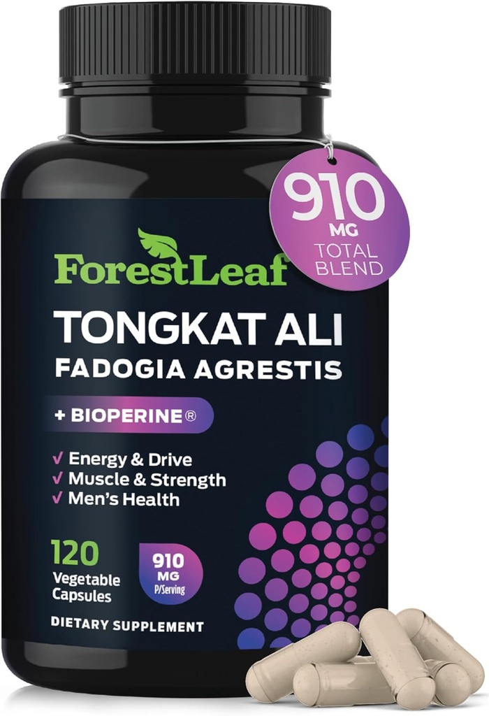 Tongkat Ali et Fadogia Agrestis pour les hommes Supplément w/BioPerine - Tonkat-Ali Max Strength 200:1 Extrait - Long Jack Tongkat-ali pour les hommes - Croissance musculaire, performance et énergie - 120 capsules en poudre