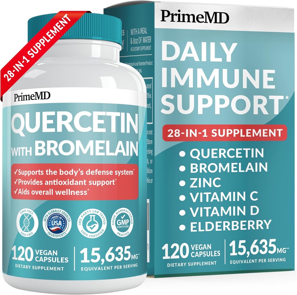 28-en-1 Quercetin avec supplément de bromelain pour le soutien quotidien à la défense immunitaire - Quercetin avec vitamine C et zinc pour les adultes enrichis en vitamine D et en mûrier (120ct)