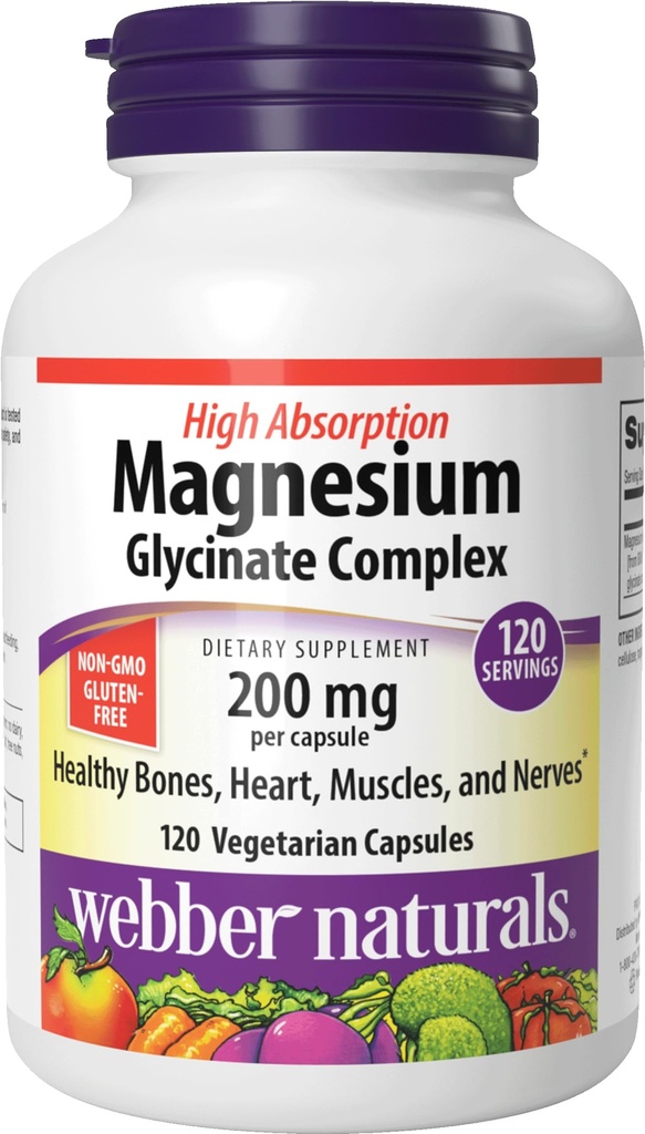 Webber Naturals Magnesium Glycinate Complex 200mg, 120 Vegetarian Capsules, High Absorption Formula, Supports Bones, Heart, Muscles & Nerves, One-per-Day Magnesium Complex, Vegan
